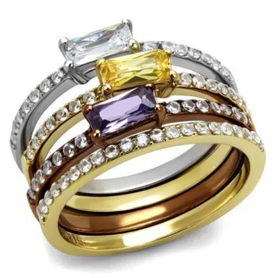 Fashnzfab Three Tone (ip Gold & Ip Light Coffee & High Polished) Stainless Steel Ring With Aaa Grade Cz In Mul
