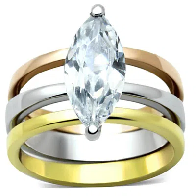 Fashnzfab Three Tone (ip Gold & Ip Rose Gold & High Polished) Stainless Steel Ring With Aaa Grade Cz In Clear In Multi