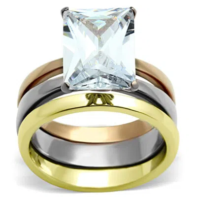 Fashnzfab Three Tone (ip Gold & Ip Rose Gold & High Polished) Stainless Steel Ring With Aaa Grade Cz In Clear