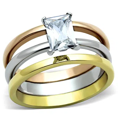 Fashnzfab Three Tone (ip Gold & Ip Rose Gold & High Polished) Stainless Steel Ring With Aaa Grade Cz In Clear In Neutral