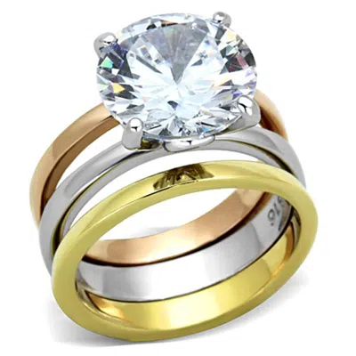 Fashnzfab Three Tone (ip Gold & Ip Rose Gold & High Polished) Stainless Steel Ring With Aaa Grade Cz In Clear In Neutral