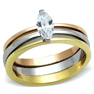 Fashnzfab Three Tone (ip Gold & Ip Rose Gold & High Polished) Stainless Steel Ring With Aaa Grade Cz In Clear In Pink