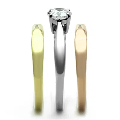 Fashnzfab Three Tone (ip Gold & Ip Rose Gold & High Polished) Stainless Steel Ring With Aaa Grade Cz In Clear In Silver