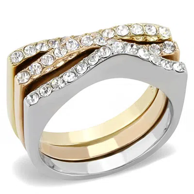 Fashnzfab Three Tone (ip Gold & Ip Rose Gold & High Polished) Stainless Steel Ring With Top Grade Crystal In C In Pink