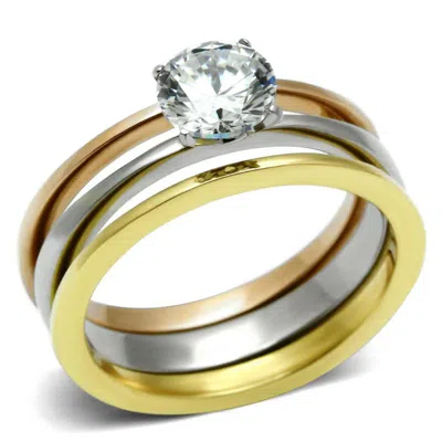 Fashnzfab Three-tone Ip Stainless Steel Ring With Aaa Grade Cz In Clear In Gold