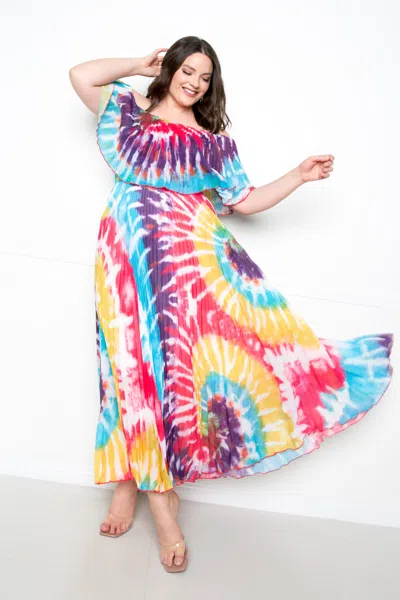 Fashnzfab Tie Dye Off Shoulder Pleated Maxi Dress In Multi