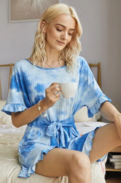 Fashnzfab Tie Dye Ribbed Ruffle Tie Waist Pleated Romper In Blue