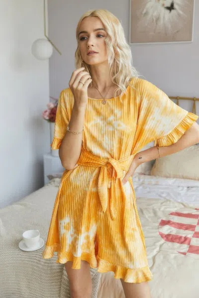 Fashnzfab Tie Dye Ribbed Ruffle Tie Waist Pleated Romper