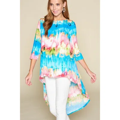 Fashnzfab Tie-dye Venechia High Low Fashion Top With 3/4 Sleeves In Multi