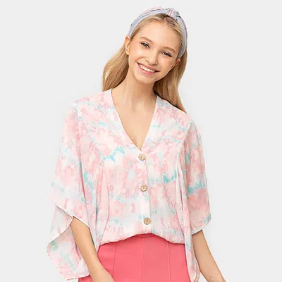 Fashnzfab Tie Eye Button Down Kimono Poncho In Pink