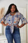 Fashnzfab Tie Hem V-neck Three-quarter Sleeve Blouse In Blue