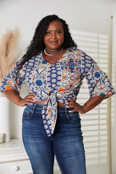 Fashnzfab Tie Hem V-neck Three-quarter Sleeve Blouse In Blue