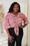 Fashnzfab Tie Hem V-neck Three-quarter Sleeve Blouse In Pink