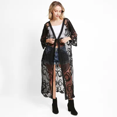 Fashnzfab Tie-knot Lace Cover Up Kimono Poncho In Black