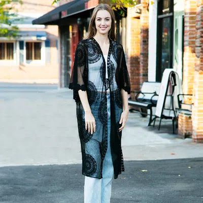 Fashnzfab Tie-knot Lace Cover Up Kimono Poncho In Black