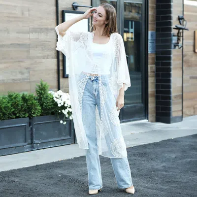 Fashnzfab Tie-knot Lace Cover Up Kimono Poncho In White