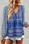 Fashnzfab Tie Neck Boho Floral Tunics Long Sleeve Shirt