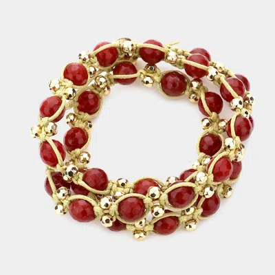 Fashnzfab Tied Natural Stone Bead Strand Wrap Bracelet Burgundy In White