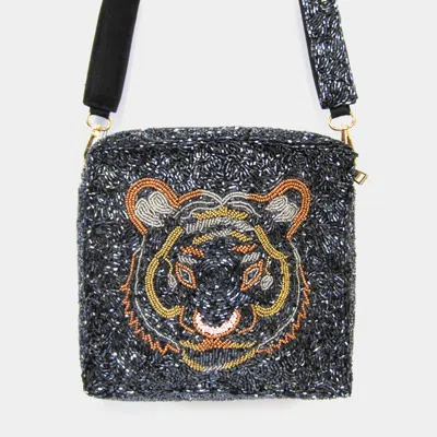 Fashnzfab Tiger Accented Beaded Crossbody Bag In Black