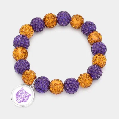Fashnzfab Tiger Accented Round Charm Shamballa Ball Stretch Bracelet Purple