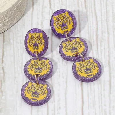 Fashnzfab Tiger Face Disc Game Day Style Drop Earrings - Purple, Yellow In Blue