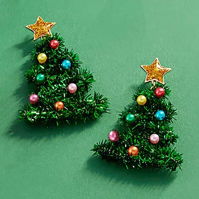 Fashnzfab Tinsel Christmas Tree Earrings In Green