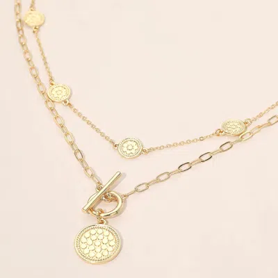 Fashnzfab Toggle Coin Charm Pendant Accent Layered Necklace In Gold