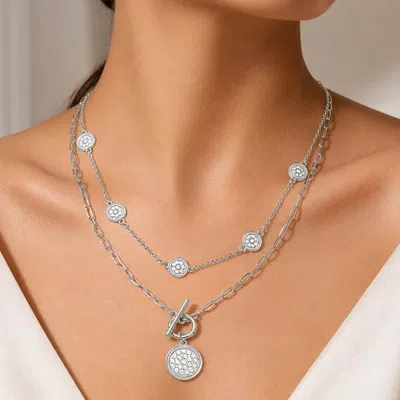 Fashnzfab Toggle Coin Charm Pendant Accent Layered Necklace In Silver