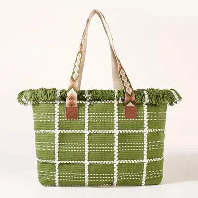 Fashnzfab Top Fringe Pointed Check Patterned Tote Bag In Green