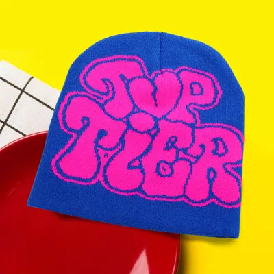 Fashnzfab Top Tier Message Beanie Hat In Blue