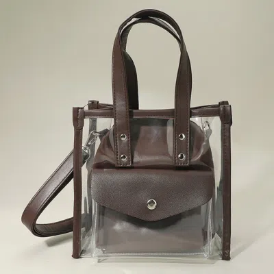 Fashnzfab Transparent Faux Leather Inner Pouch Tote Crossbody Bag In Brown