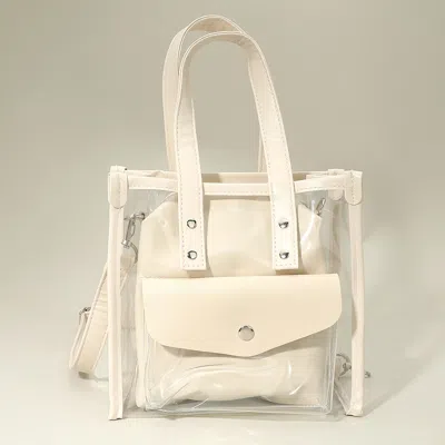 Fashnzfab Transparent Faux Leather Inner Pouch Tote Crossbody Bag In White