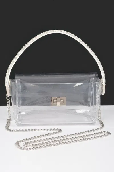 Fashnzfab Transparent Rhinestone Top Handle Flap Bag In Silver