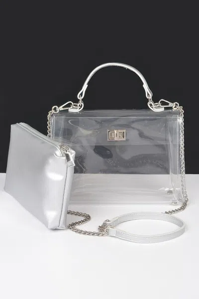 Fashnzfab Transparent Top Handle Flap Bag W/ Pouch In Silver