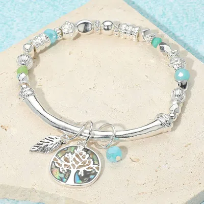 Fashnzfab Tree Of Life Charm Multi Bead Stretch Bracelet Abalone, Antique Silver