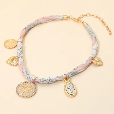 Fashnzfab Tree Of Life Medal Accent Mixed Charm Station Fabric Scarf Necklace - Multi, Pink