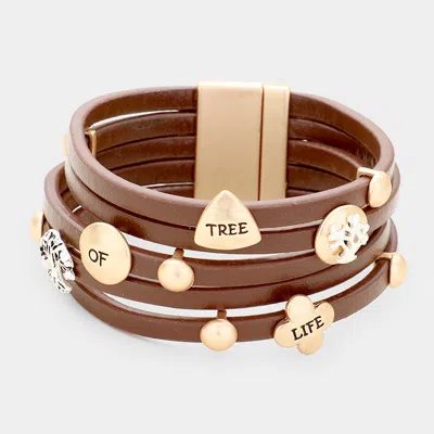 Fashnzfab 'tree Of Life' Multi Strand Leather Magnetic Bracelet In Neutral
