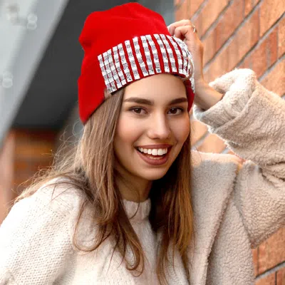 Fashnzfab Trellis Blinged Acrylic Beanie Hat In Red