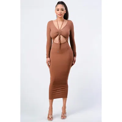 Fashnzfab Trendy Front Shirring Cut-out Long Sleeved Dress In Brown