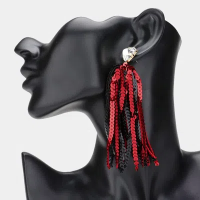 Fashnzfab Triangle Stone Cluster Pointed Sequin Tassel Dangle Gameday Earrings - Black, Red