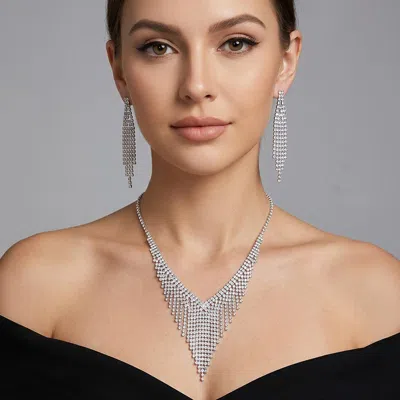 Fashnzfab Triangular Rhinestone Paved Cascading Necklace In Metallic