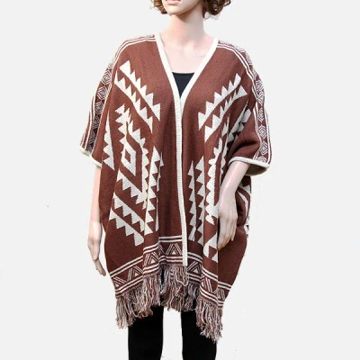 Fashnzfab Tribal Fringe Acrylic Poncho In Brown