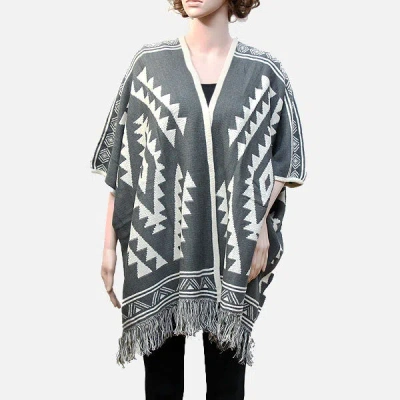 Fashnzfab Tribal Fringe Acrylic Poncho In Gray