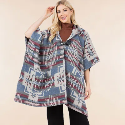 Fashnzfab Tribal Pattern Toggle Closure Hooded Poncho In Blue