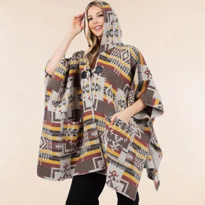 Fashnzfab Tribal Pattern Toggle Closure Hooded Poncho In Brown