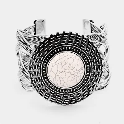 Fashnzfab Tribal Round Howlite Detail Braided Metal Cuff Bracelet Silver Burnished, White In Multi