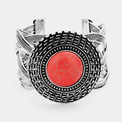 Fashnzfab Tribal Round Red Coral Detail Braided Metal Cuff Bracelet Red, Silver Burnished In Multi