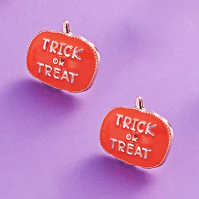 Fashnzfab Trick Or Treat Message Enamel Halloween Pumpkin Stud Earrings In Gold