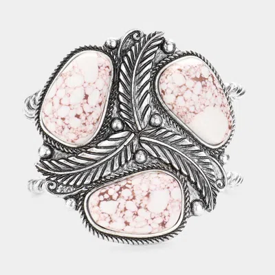 Fashnzfab Triple Abstract Natural Stone Metal Feather Cuff Bracelet White