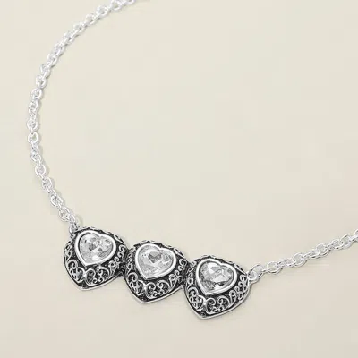 Fashnzfab Triple Antique Metal Scrollwork Frame Heart Tile Pendant Necklace - Antique Silver, Clear In Multi